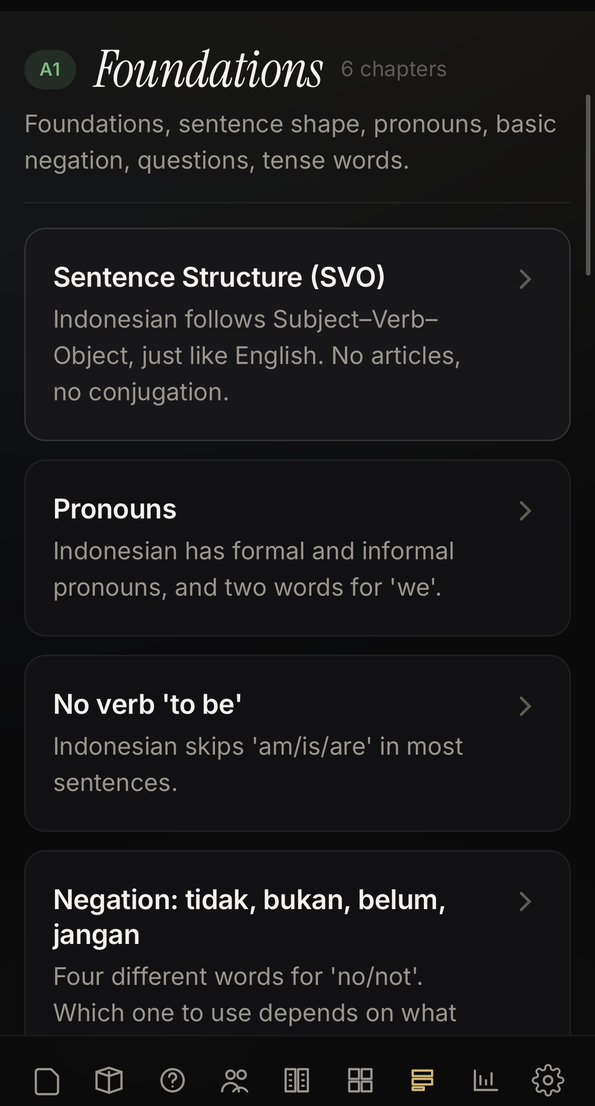 Foundations grammar: sentence structure, pronouns, four words for no