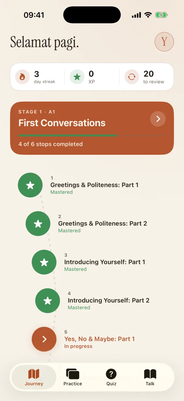 Speak Indo journey screen on iPhone