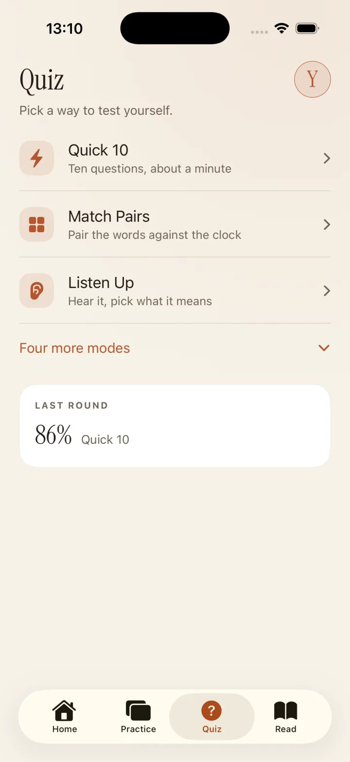 Quiz hub: Quick 10, Match Pairs, Listen Up