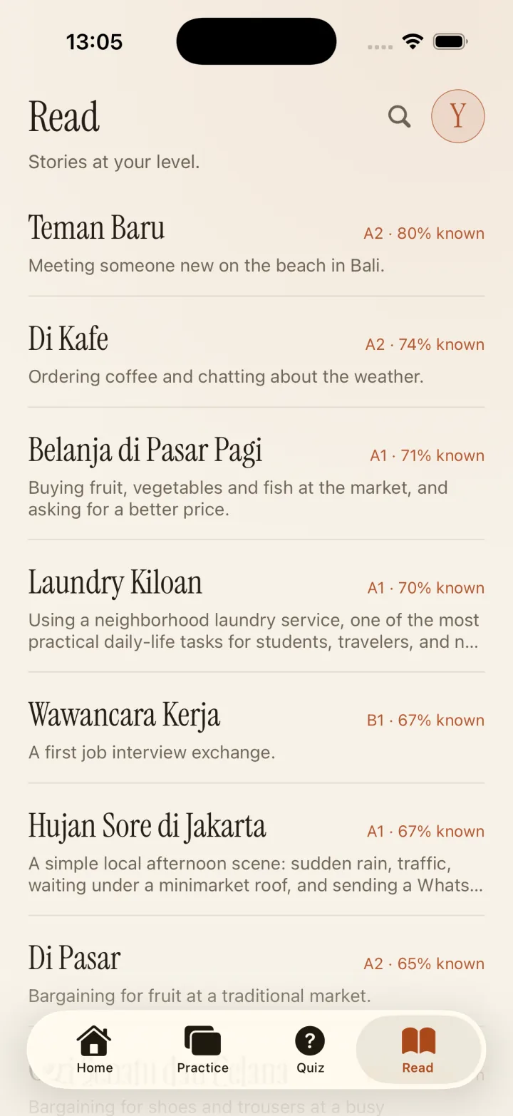 Read stories at your level with known-word percentage